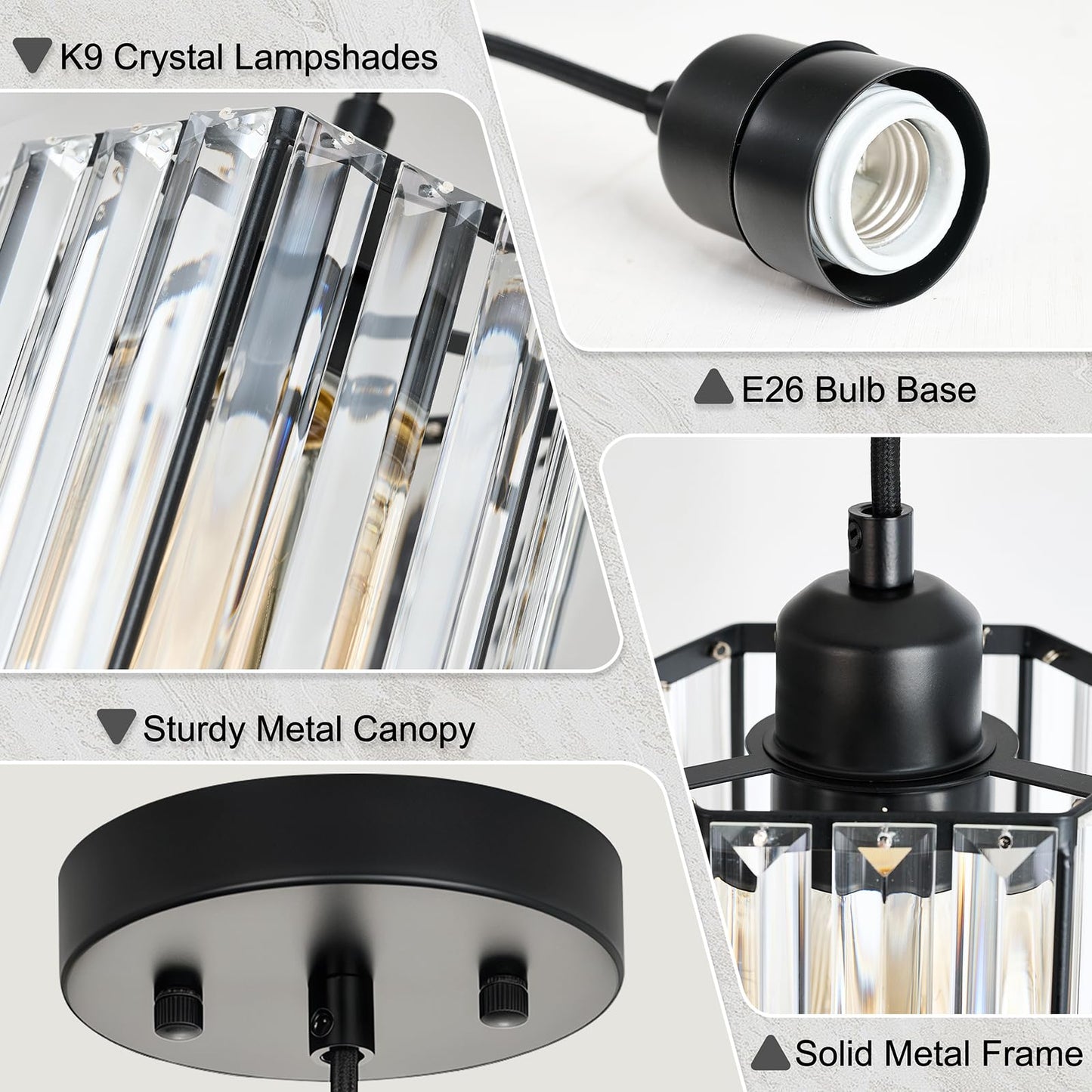 JIMKIGTO 1 Pack K9 Crystal Pendant Lighting, 1-Light Modern Pendant Island Lights, Adjustable Hanging Black Pendant Light Fixture Over Island Lights for Kitchen Dining Room Bedroom Bathroom Over Sink