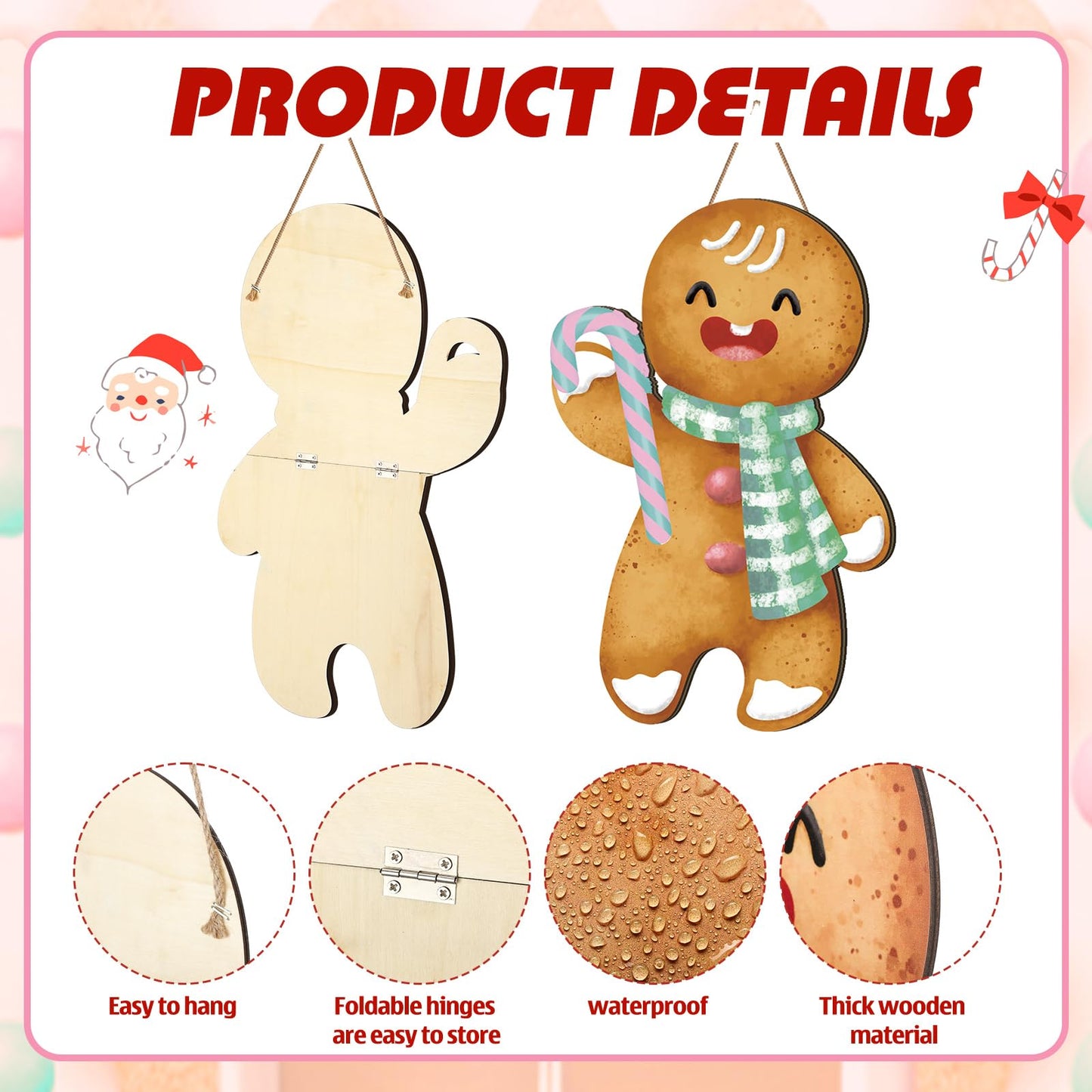 2 Pcs Pastel Gingerbread Christmas Decorations Christmas Wreath Hanging Sign for Front Door Candyland Wooden Welcome Signs Gingerbread Man Hanging Signs Ginger Bread Decor for Holiday