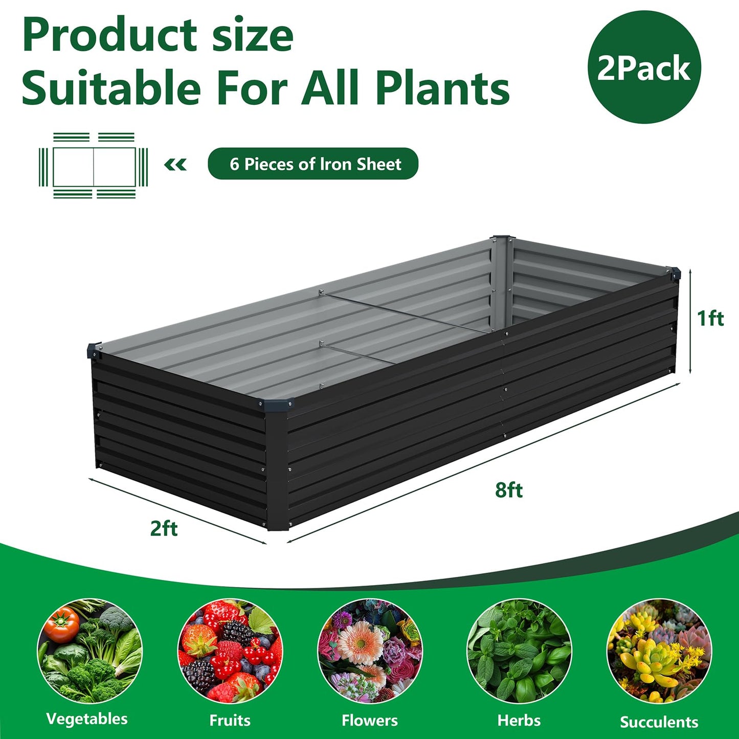 Vengarus 8x2x1FT (2 Pack) Galvanized Raised Garden Bed Kit, Outdoor Metal Planter Box for Vegetables, Rectangular Steel Container, Easy Assembly (Black)