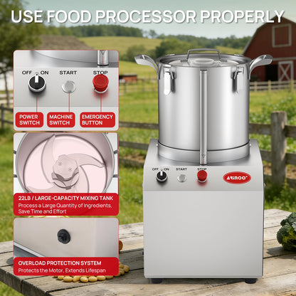 ARINOO 10.6 Commercial Electric Food Processor, 1.5HP Stainless Steel Food Cutter &Vegetable Chopper,for Meat, Vegetables, Nuts, Grains,Restaurants, Farms and Food Preparation