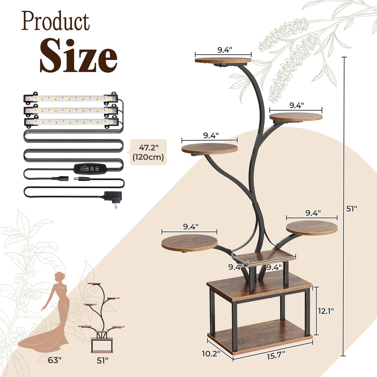 PRAISUN 51 Inch Plant Stand with Grow Lights, 8 Tiered Indoor Plant Shelf with Larger Flower Holder, Curved-tubed Design, 3 Light Modes, Corner Plant Rack for Living Room, Rustic Brown