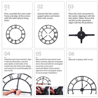 Ohweog 48 inch Oversized Easy-Assembly (KD) Wall Clock for Living Room Decor – Extra Large Silent Non-Ticking Modern Farmhouse Wall Clock, Decorative Metal Roman Numeral Clock, Black