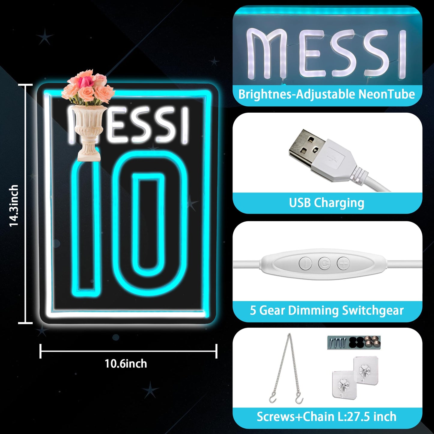 Number 10 Soccer Neon Sign, Cool Dimmable Light Up Argentina Soccer Star Hanging USB Powered for Wall Decor, Man Cave, Bedroom, Bar, Game Room, Garage Deco, Birthday Christmas Merch Gift for Boys Fans (Messy)