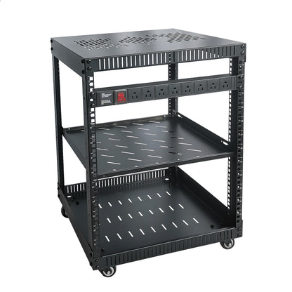 RIVECO 12U Network Rack with Reinforced Top Cover - 4 Post Floor Rack on Wheels for 19" Equipment & Stereo Gear- Including Rack Mount Power Strip & 1PCS 1U Rack Shelf