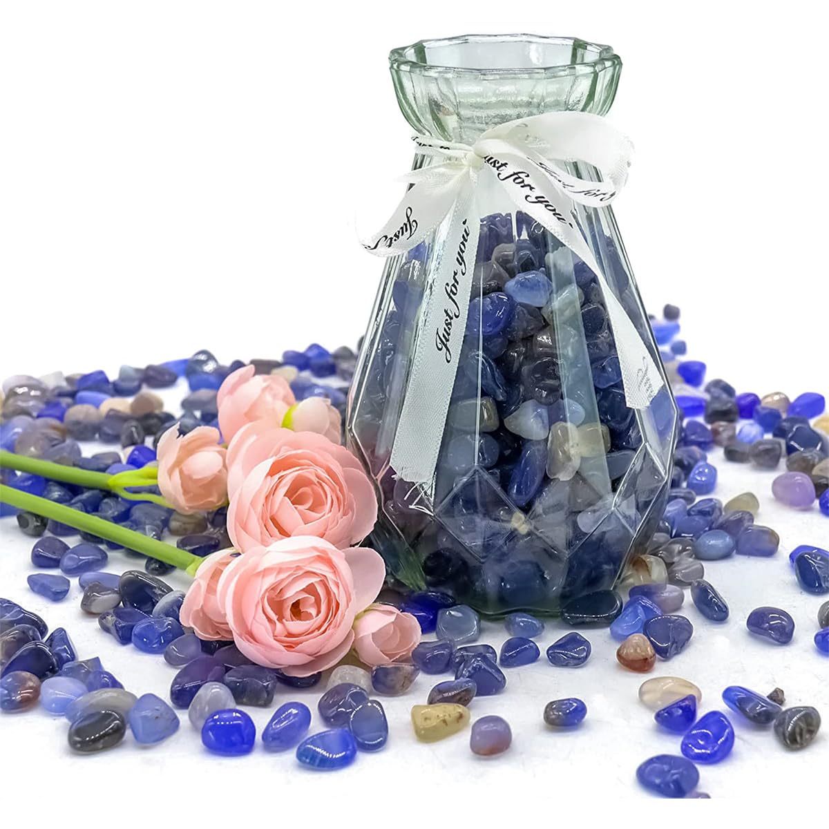 WAYBER Natural Blue Agate Pebbles, 1 Lb/460g Decorative Rocks Non-Toxic Crystal Stone Irregular Quartz Gemstone Crushed Pieces Tumbled Stone Chips for Jewelry Making/Home Decoration