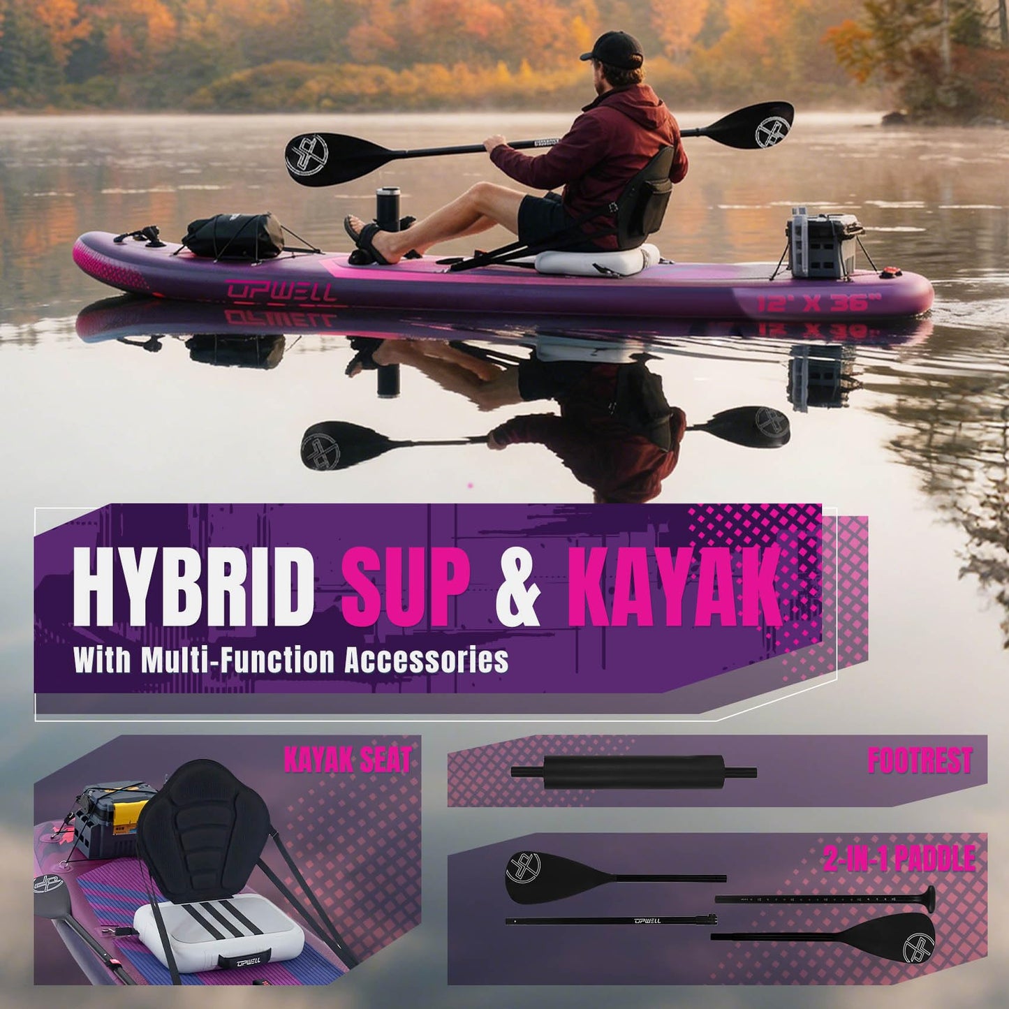 UPWELL 12'×36" Extra Wide Inflatable Paddle Board, 2+1 Stand Up Paddle Board with Kayak Seat, Sup Paddle Boards for Adults, Twilight Pulse
