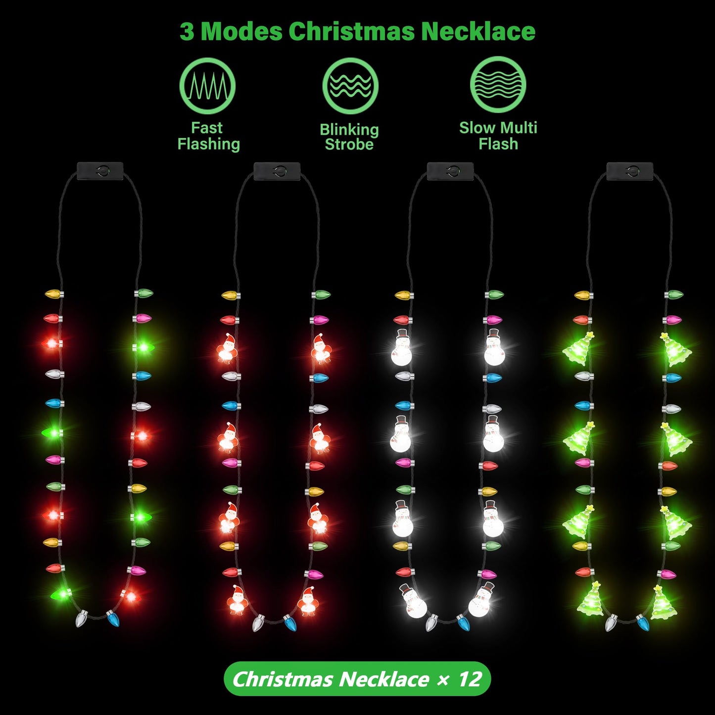 EOBOH Christmas Necklace, 4Pcs Light Up Christmas Necklace, Glowing Bulb Xmas Tree Santa Candy Cane Necklaces, 3 Modes Colorful Xmas Party Favors, Ugly Xmas New Year Eve Party Supplies Accessories