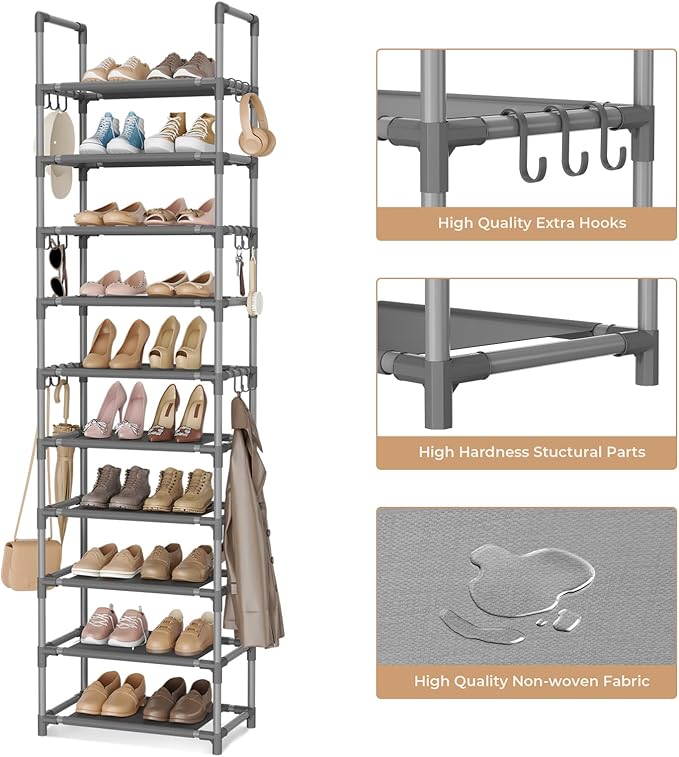 VTRIN 10 Tiers Tall Shoe Rack Holds 20-25 Pairs of Shoes Sturdy Vertical Shoe