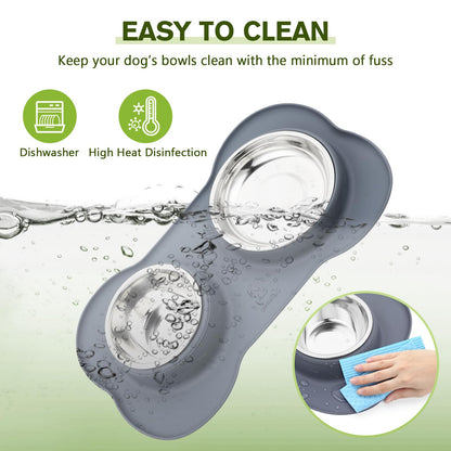 Pecute Dog Bowls Non Slip, Stainless Steel Double Bowls Set with Non-Spill Silicone Mats Tray for Cats Puppies Small Dogs Water Food Feeding (14oz Each Bowl, Grey)