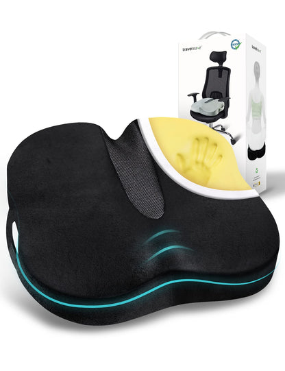 Travel Ease Ergonomic Seat Cushion, Premium Memory Foam Chair Pad with Anti-Slip Base for Long Hours Sitting Comfort, Hip Support Pillow for Office Chair, Car Seat, Gaming Chair (Black)