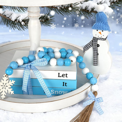 Winter Decorations 5 PCS Table Centerpiece Snowman Decor, Cute Tabletop Winter Decor for Tiered Tray Shelf Mantel Fireplace Coffee Bar Office Desk, New Year Decorations Faux Book Snowman Bead Garland