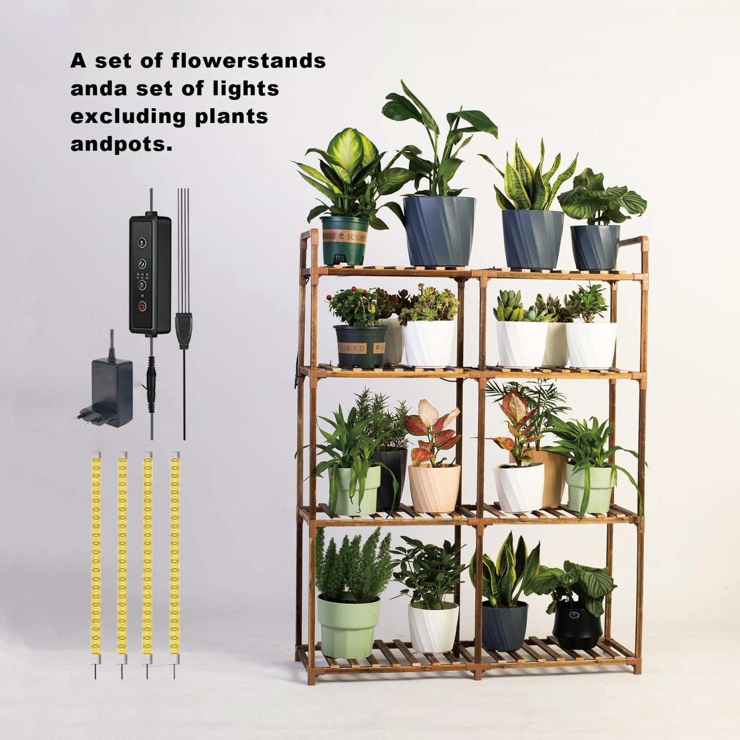 UYEENGY 4-Tier Wooden Plant Stand with LED Grow Lights - Adjustable Shelf for Indoor Plants, Living Room, Balcony - Dimmable & Space-Saving (Plants Not Included)