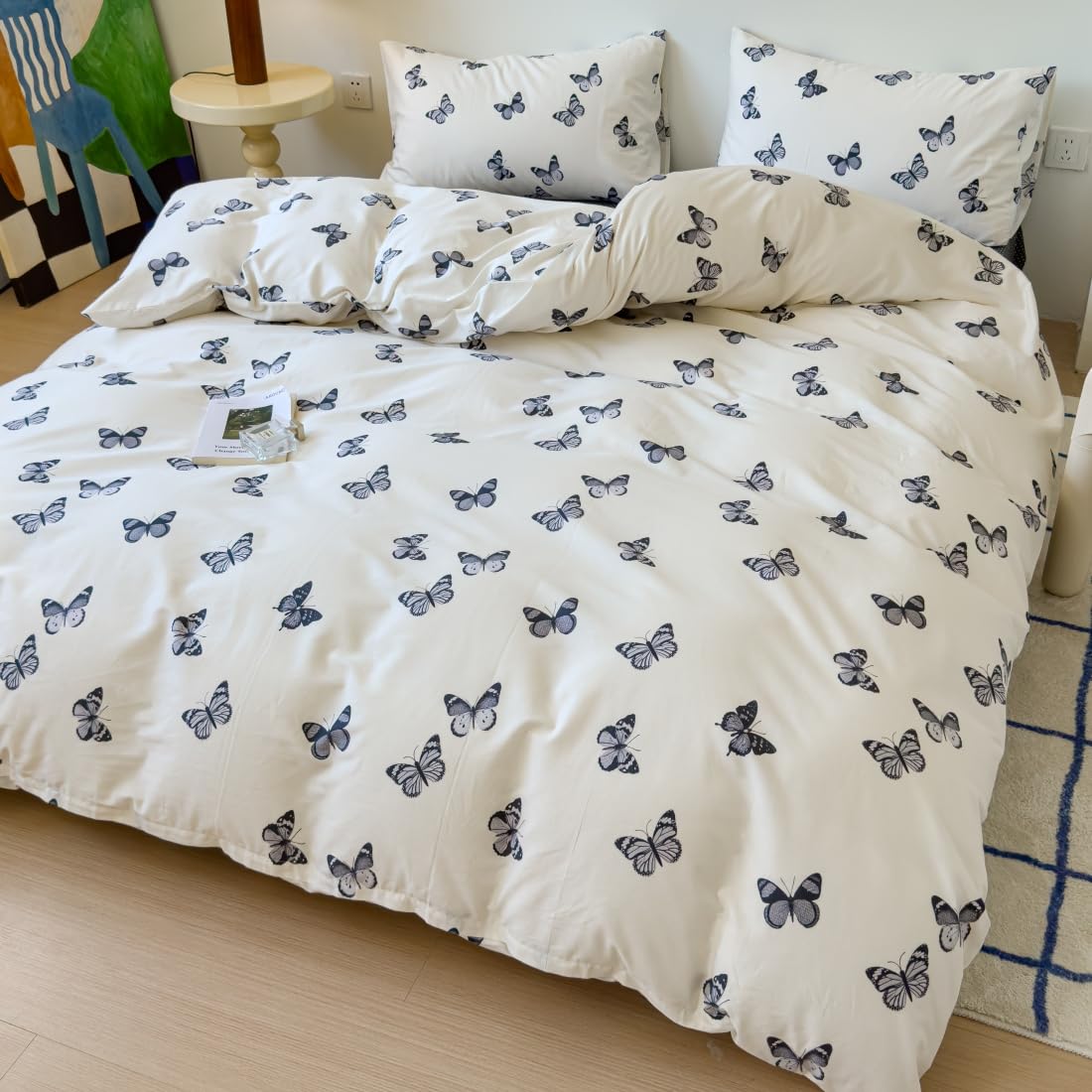 LIWHENHAO Butterfly Duvet Cover Set Twin 100% Cotton Bedding Cartoon Black Butterflies Print on Cream White 1 Kawaii Cute Animal Comforter Cover Zipper Closure 2 Pillowcases for Kids Girls Boys
