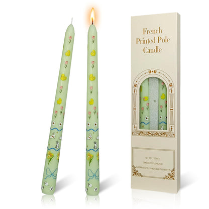 FLAMMUL Print Taper Candles Set of 2, Light Green with Pastoral Animal Floral Candle Sticks 10 Inch Long Tapered Candle Handmade Drip Candlesticks for Holiday Gifts & Home Decor