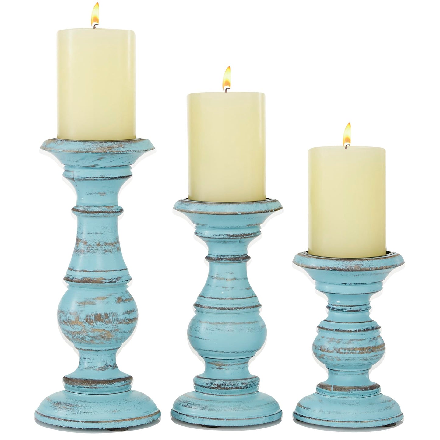 Deco 79 Mango Wood Decorative Candle Holder Distressed Turned Pillar Candle Stand, Set of 3 Candlestick Holder 6", 8", 10"H, Light Blue