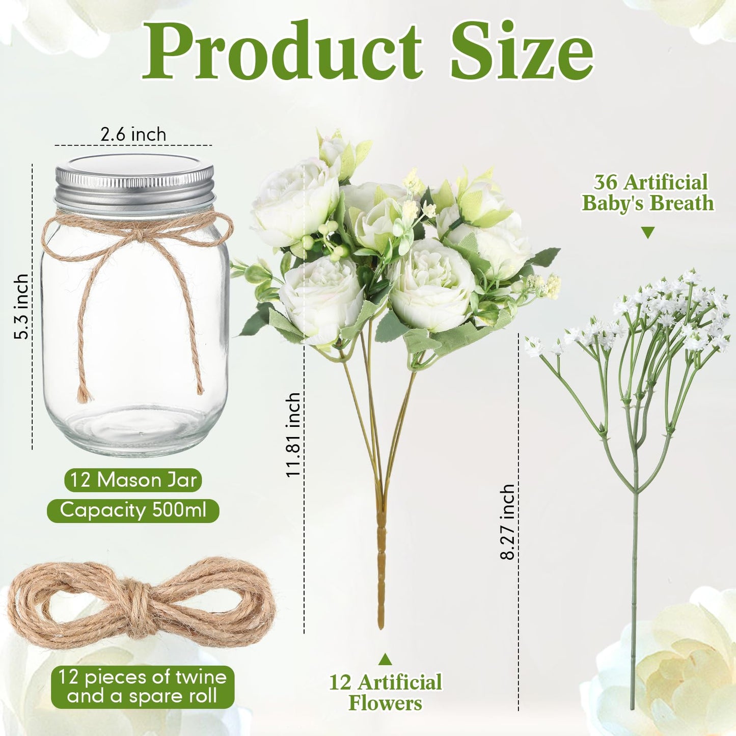 Zeyune 12 Sets Mason Jar Centerpiece Table Decorations, Artificial Peony Baby's Breath Flower Bouquets, Faux Flowers with Vase, Rustic Decor Gifts for Home, Wedding, Holiday (Green)