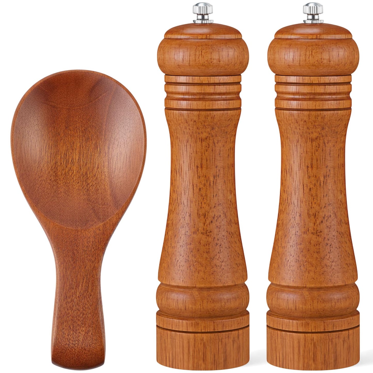 Patelai 3 Pcs Kitchen Counter Set Oak Wood Salt Pepper Grinder with Bamboo Spoon Rest Holder Modern Farmhouse Rustic Accessories for Kitchen Cooking Serving Dining BBQ Table Countertop Decoration