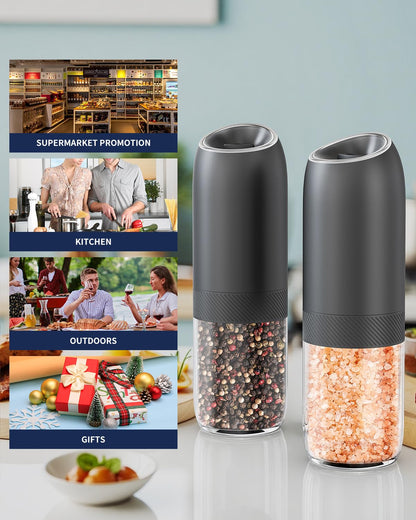 CIRCLE JOY Gravity Electric Salt and Pepper Grinder Set Battery Powered Automatic Pepper Mill Grinders with 176ml Container, Adjustable Coarseness, Bright LED Light and One Hand Operation, Black