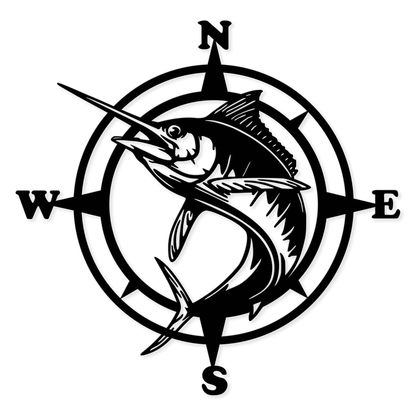 Xedatric Stylish Fishing Decor – Compass Wall Art with Jumping Swordfish, Perfect for Nautical and Marine Enthusiasts, Durable Metal Wall Sculpture for Home & Kitchen