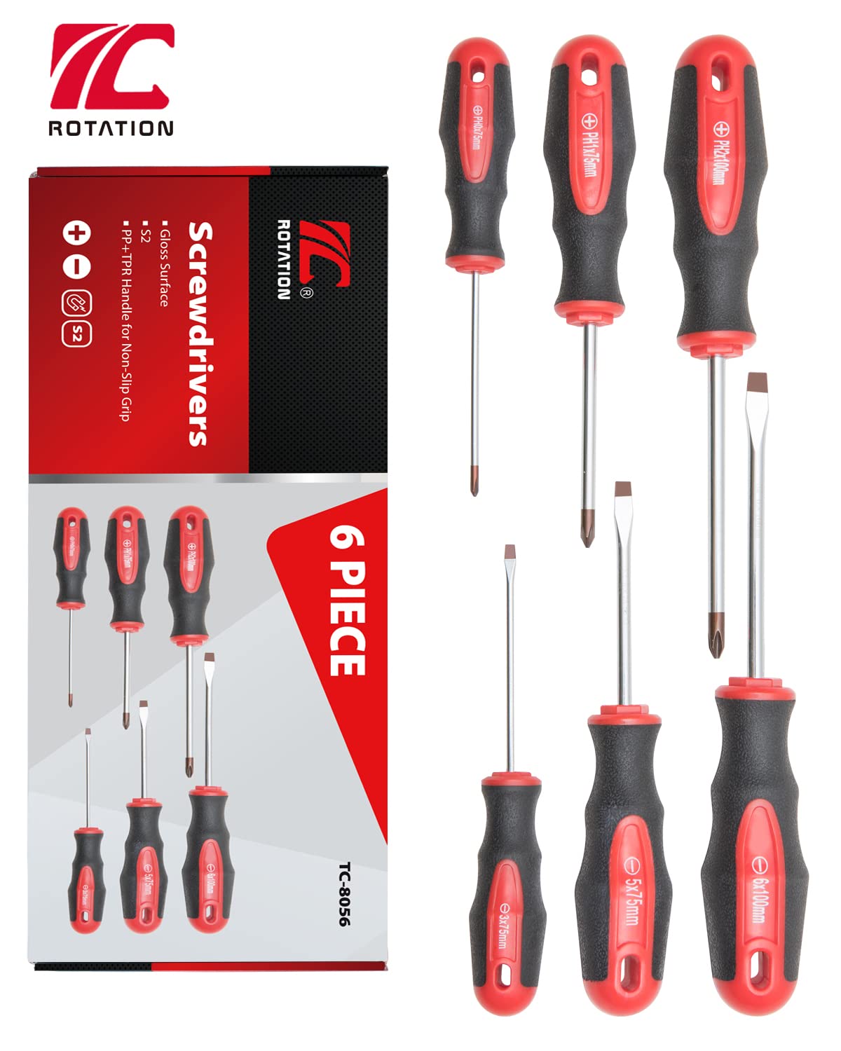 ROTATION 6 Piece Magnetic Tip Screwdriver Set 3 Phillips and 3 Flat Red Tip Red Glossy S2 Steel