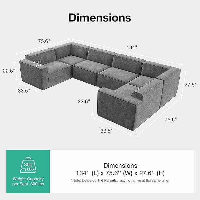 Novilla 134" Modular Sectional Sofa, No Assembly Cloud Sectional Couch