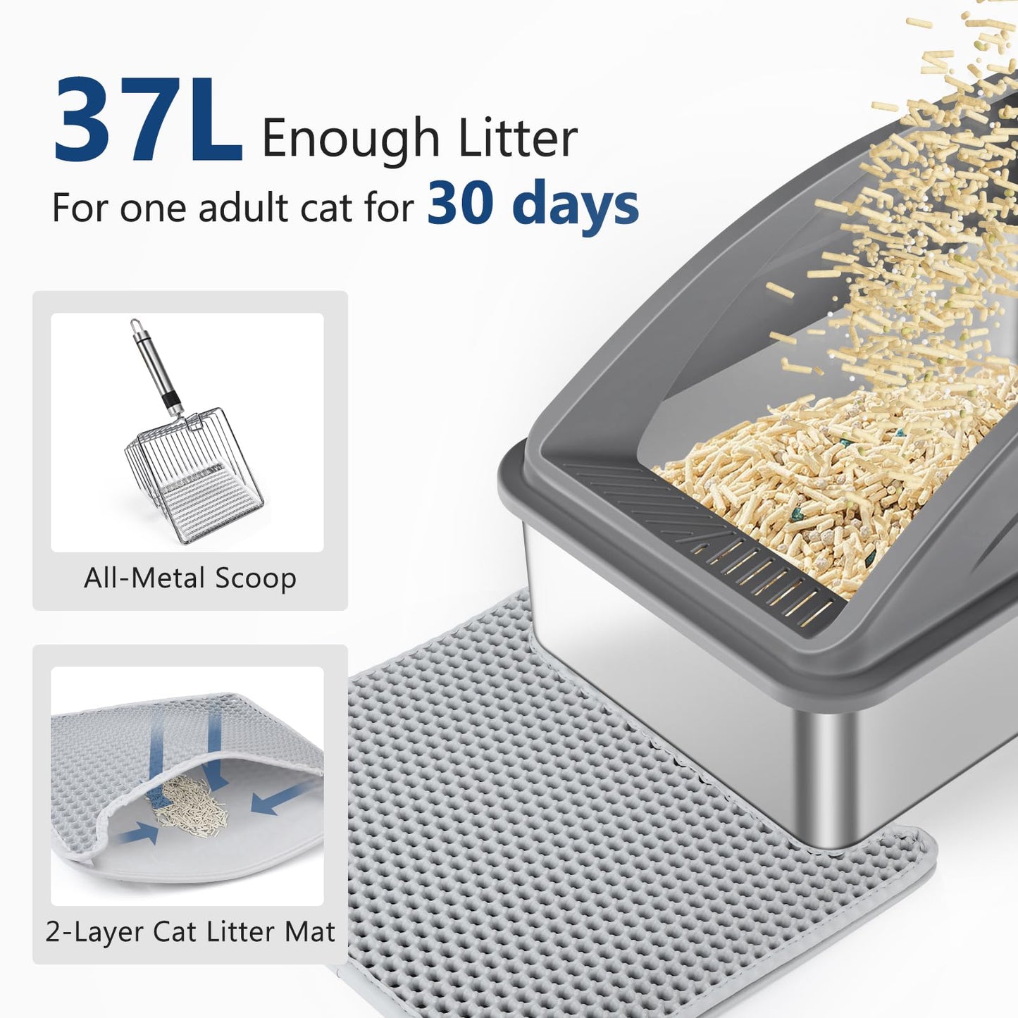 Stainless Steel Litter Box, Extra Large Litter Boxes for Big Cats, XL Metal Cat Litter Box with Lid, Anti-Urine Leakage, Non-Sticky, Include Cat Mat and Litter Scoop