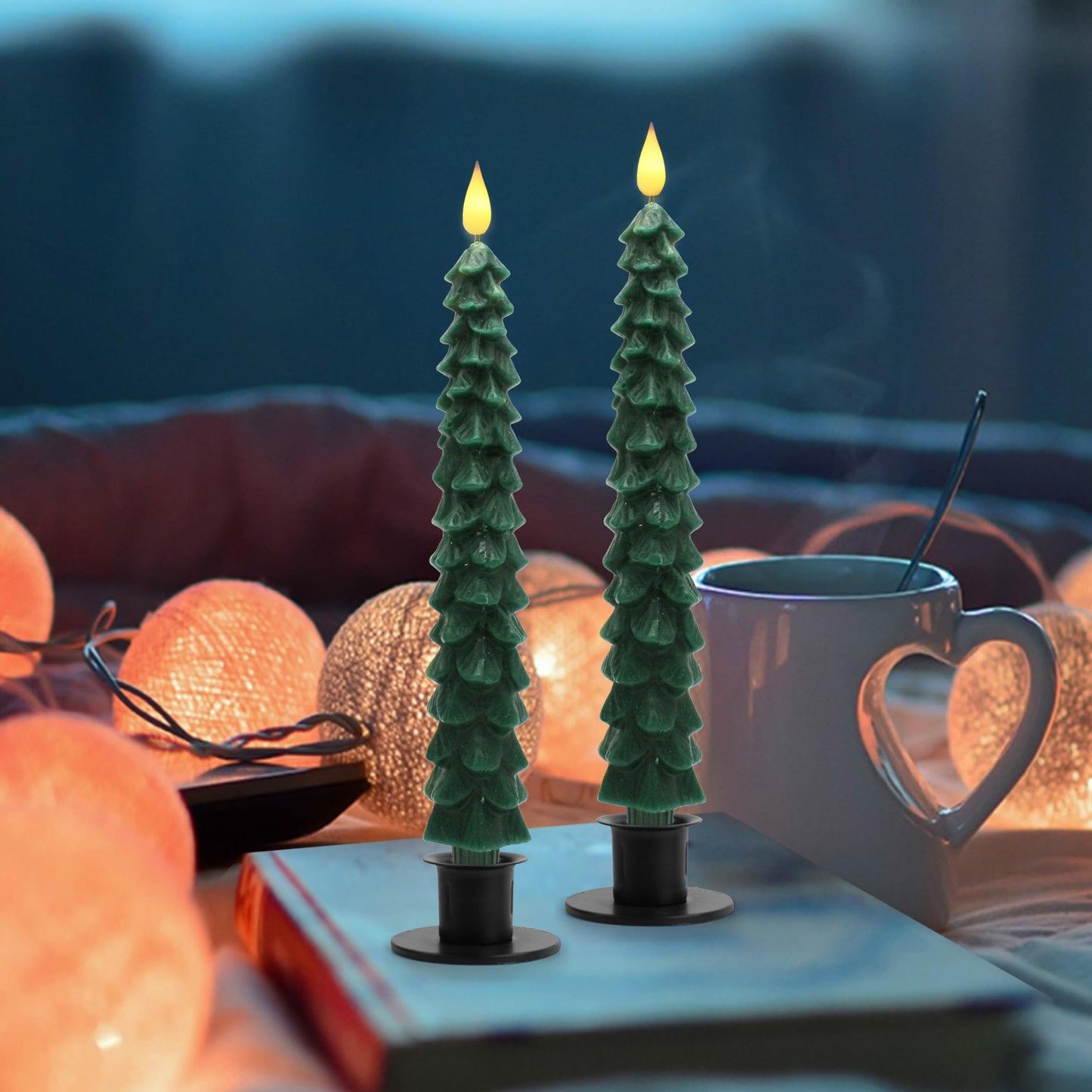 CVHOMEDECO. Christmas Tree Candles Battery Operated Taper Candle with Remote and Timer, Christmas LED Flameless Flickering Candles for Christmas Decor. 11.5 Inch, Pack of 2