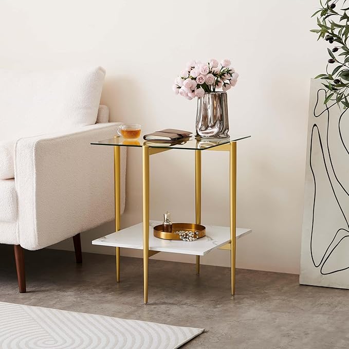 LumFurn Square Glass End Table, Mid-Century Modern Design Sofa Table,