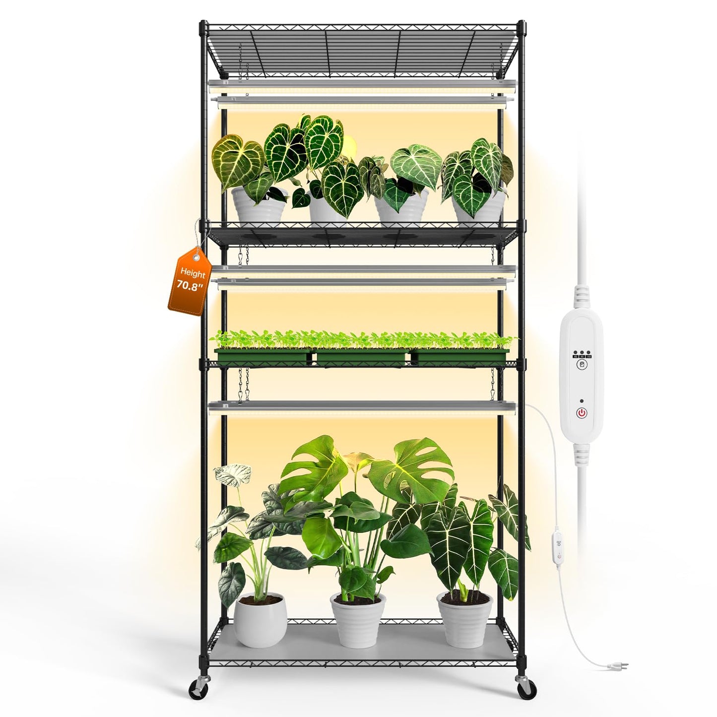 Bstrip Plant Shelf with Grow Light, Tall Grow Light Shelf, Plant Stand with 6 Pack 90W Full Spectrum Plant Lights for Indoor Plants, Seed Starting, Seed Tray, 35.4" Lx13.8 Wx70.8 H