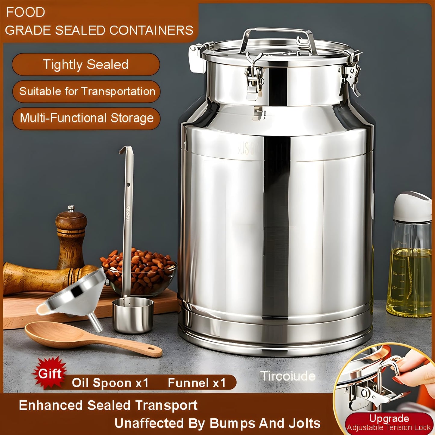 Tircoiude Stainless Steel Milk Can, 7.4Gal Food Grade 304 Stainless Steel Airtight Storage Canister with Locking Clamp Handle, Metal Storage Container for Oil, Wine, Grain and Raw Milk 28L