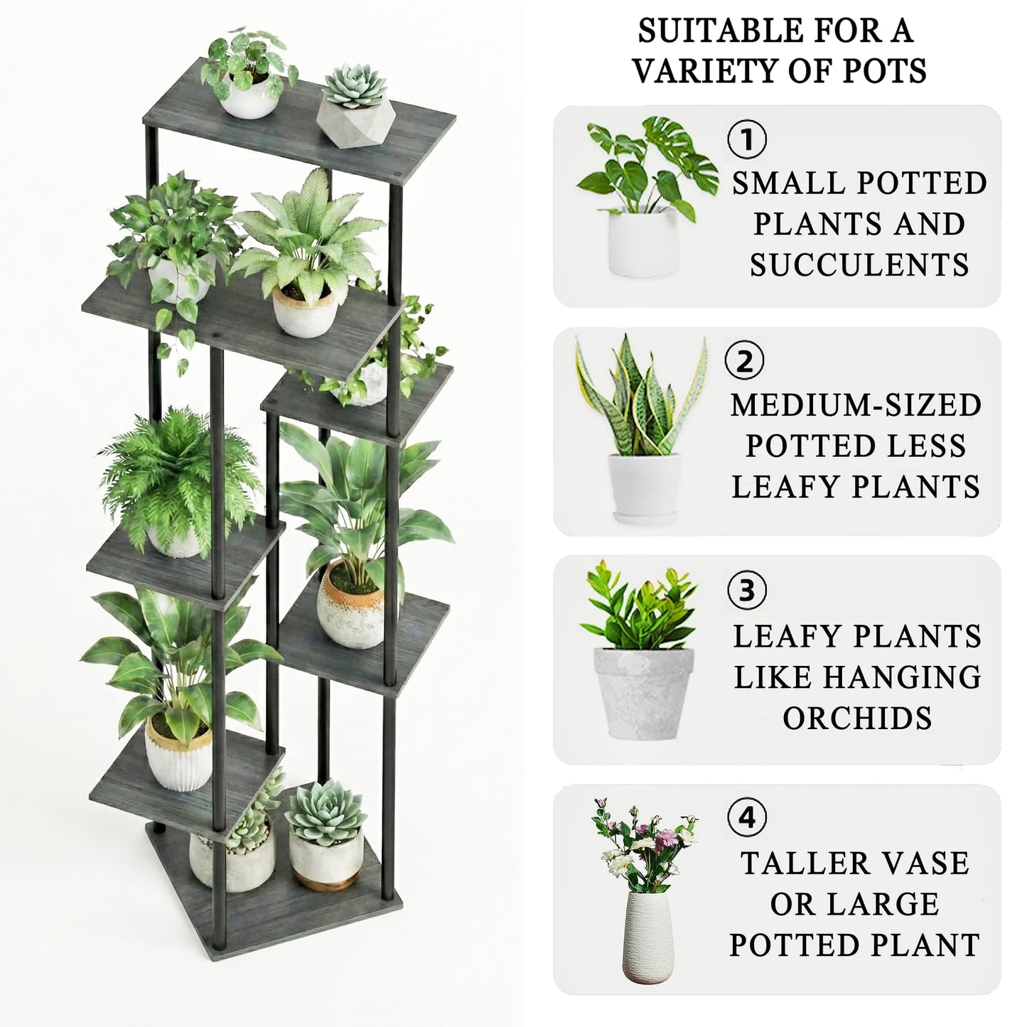 JEPRECO Tall Plant Stand Indoor 7-Tier Metal Wood Plant Shelf for Multiple Flower Pots Corner Flower Holders for Living Room Balcony Bedroom, Oak Grey