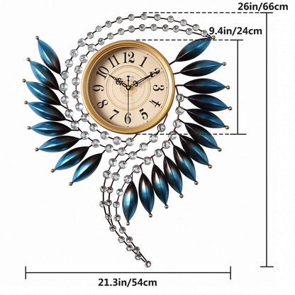 Crystal Metal Wall Clock Silent Non Ticking - 26"×21" Quality Quartz Battery Operated, Decorative for Kitchen, Living Room, Bedroom, Bathroom, Bedroom, Office