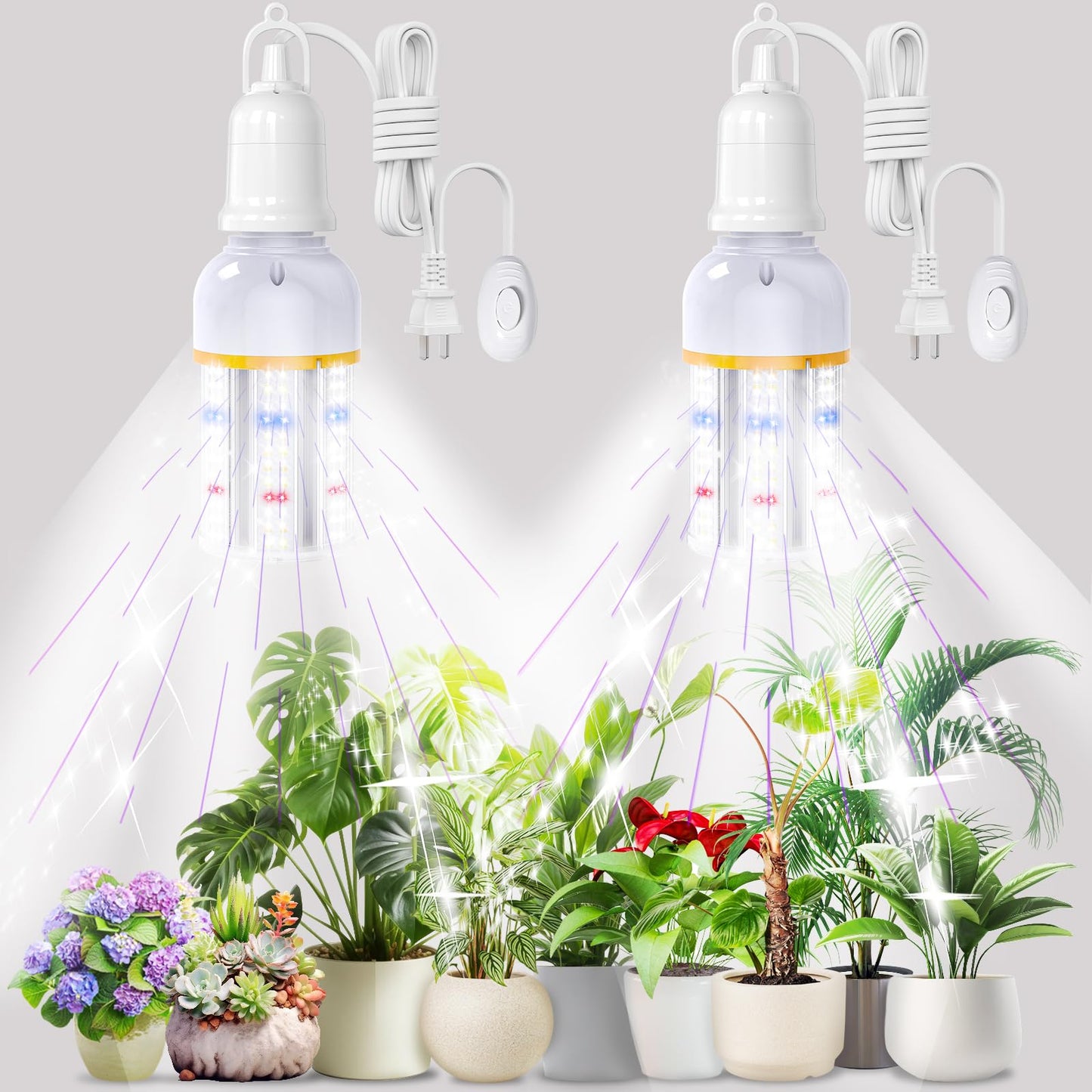 JURDXLED 2 Pack led Grow Light Bulb for Indoor Plants, 6000K Blue Red Full Spectrum Plant Grow Light, 360° Large Area Irradiation, Perfect for Growing Flowers and Vegetables Indoors(2 Pack, 168 LED)