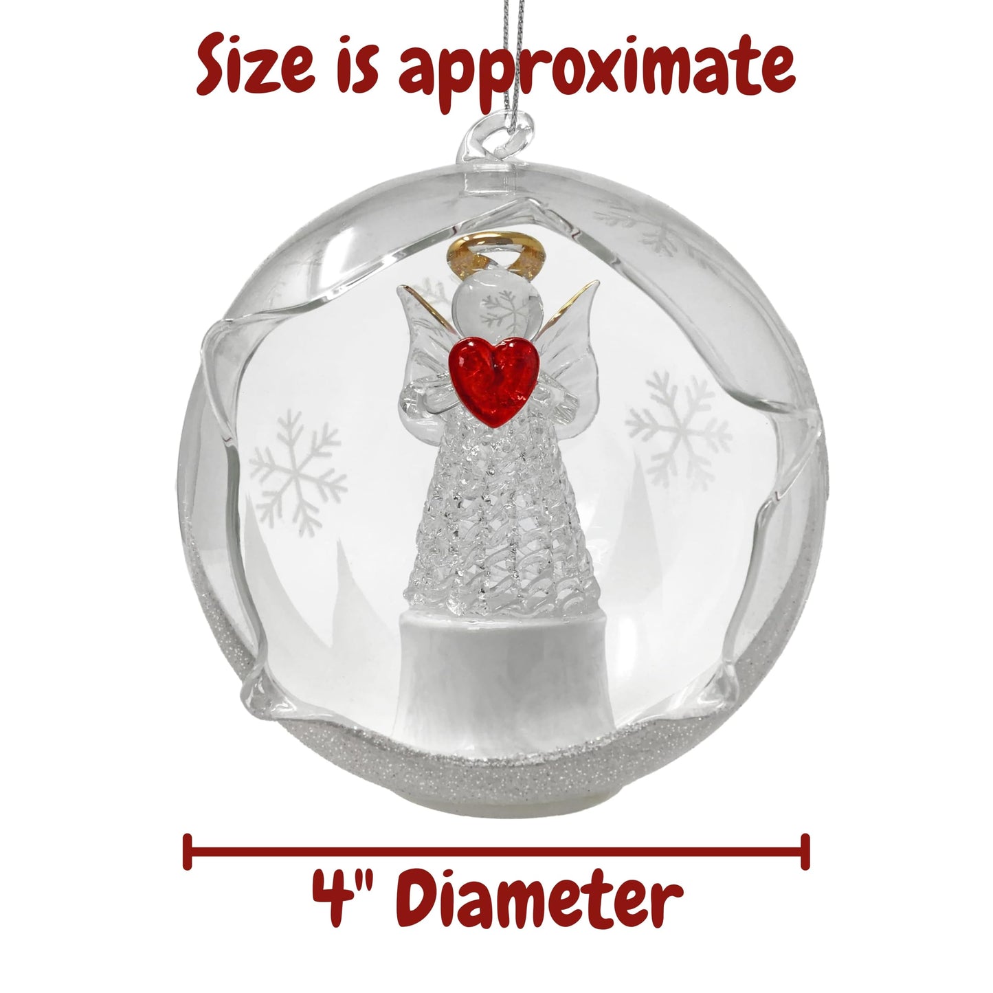 Angel with Red Heart Lighted Christmas Ball Ornaments - Hand Painted Glittery Snowflakes - Color Changing - 4 Hour Timer - 4" Diameter