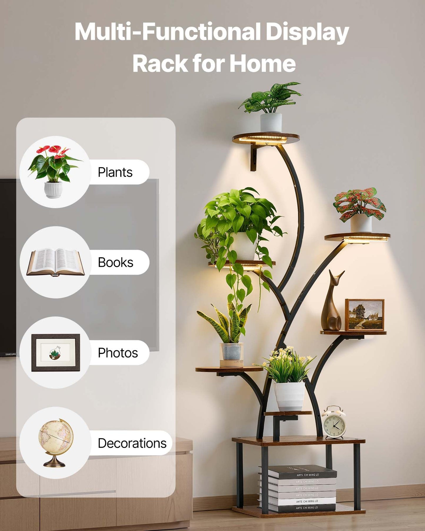VEVOR Plant Stand Indoor with Grow Lights, 62 in Tall 8-Tier Lighted Plant Shelf, Metal Corner Plants Holder, 3 Timer & 10 Brightness, Tree-Shaped Flower Display Rack for Living Room Balcony Decor
