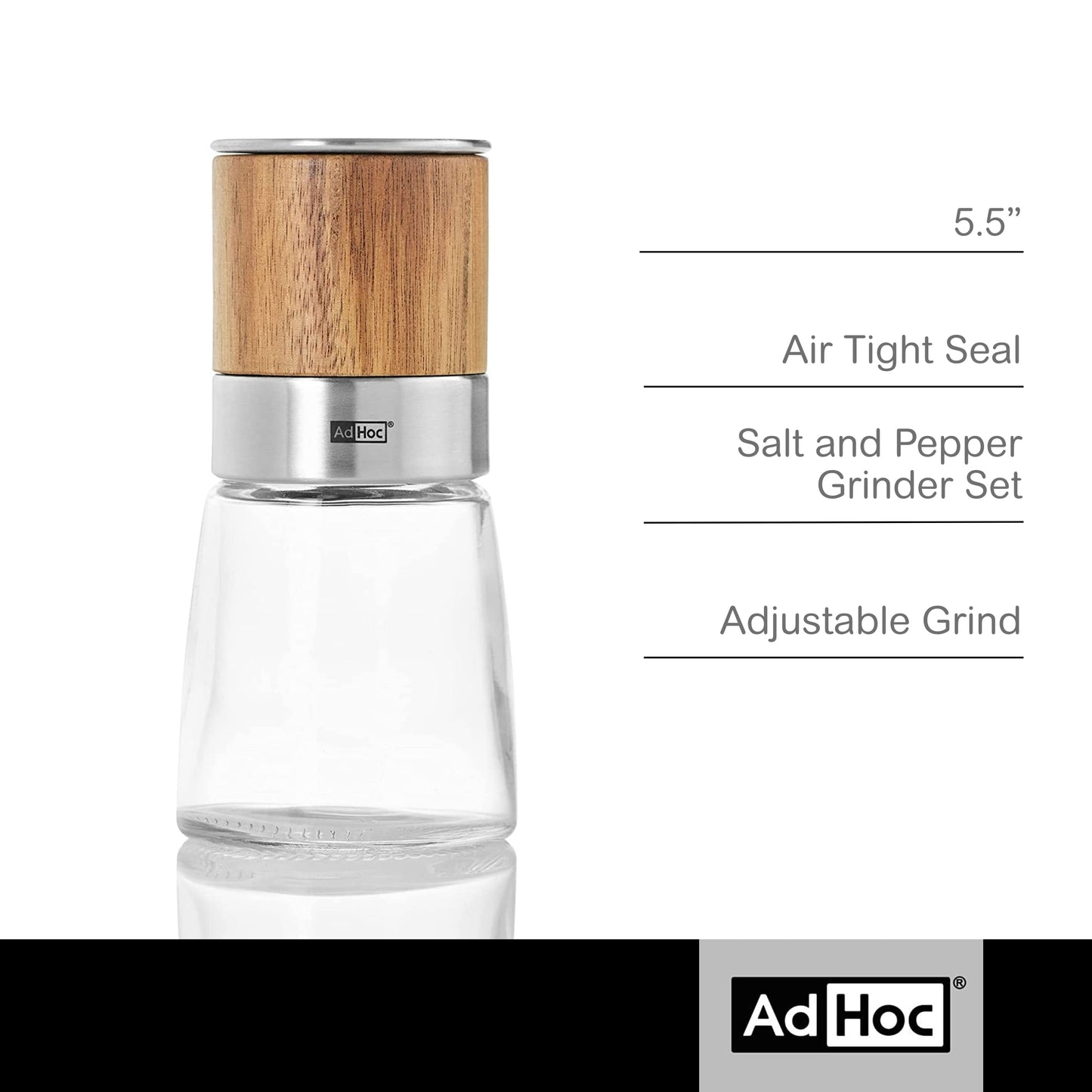 AdHoc Akasia Wood Salt or Pepper Mill - Salt & Pepper Seasoning Mill - Manual & Adjustable Grinder for Modern Kitchens