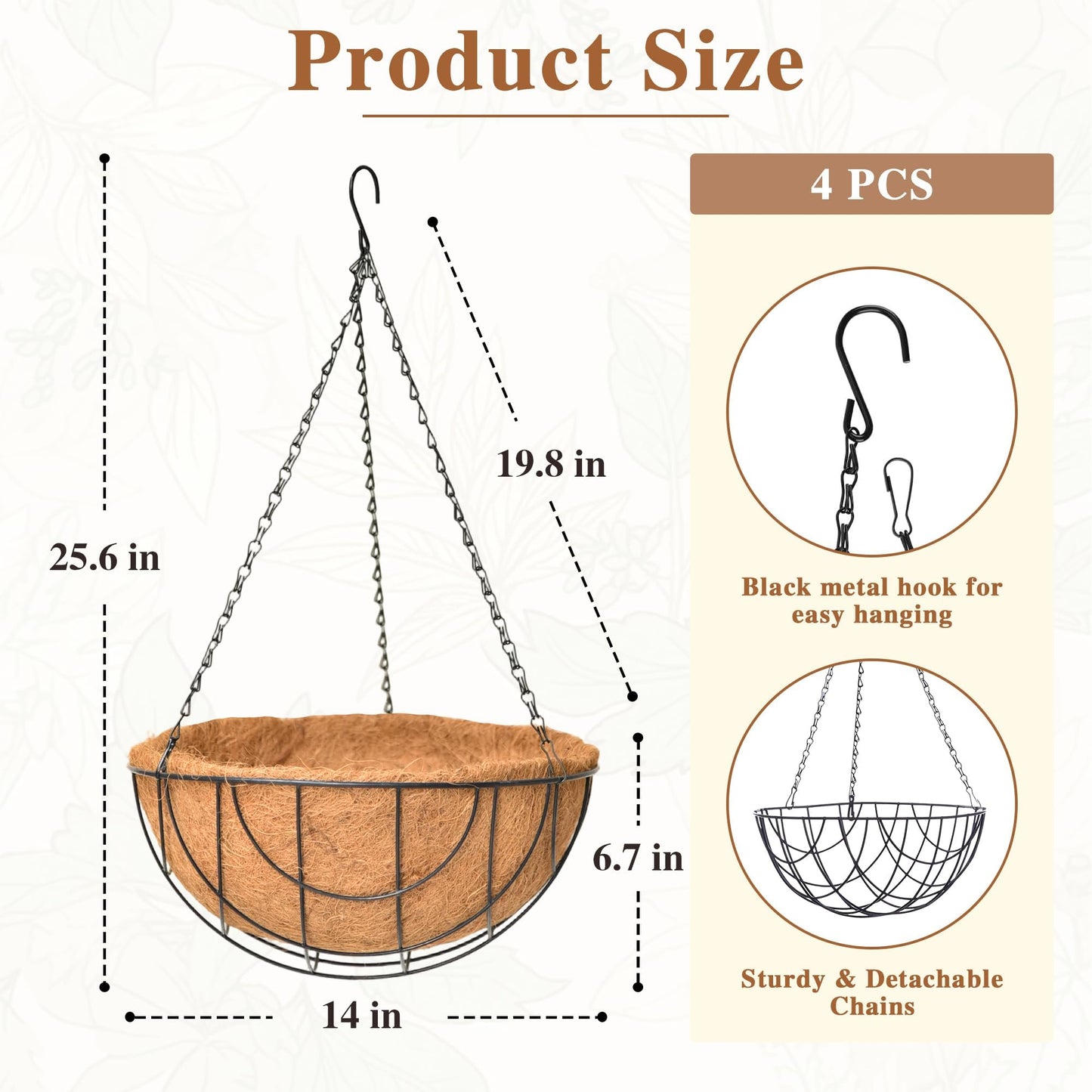 4 Pack Hanging Planter for Outdoor Plants 14 inch Metal Hanging Flower Basket with Coco Coir Liner Round Wire Plant Holder Chain Flower Pots Outdoor Garden Decoration Watering Hanging Baskets（DQ）
