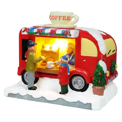 MOMENTS IN TIME Christmas Coffee Truck Village Scene Lighted LED Holiday Decor Battery Operated Hand-Painted Polyresin Coffee Stand