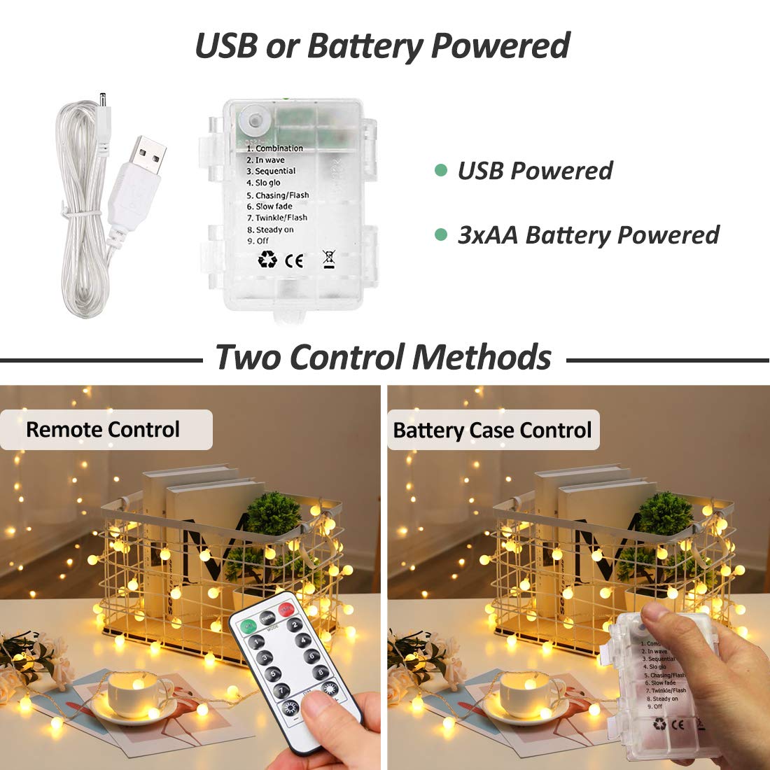 Zorela Globe Fairy Lights, 15M/49ft 100 LED Fairy String Lights with Remote - USB or Battery Powered - 8 Modes - Outdoor Indoor Globe String Lights for Christmas, Bedroom, Garden, Balcony