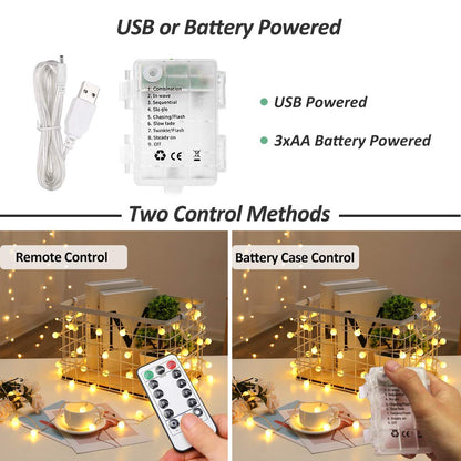 Zorela Globe Fairy Lights, 15M/49ft 100 LED Fairy String Lights with Remote - USB or Battery Powered - 8 Modes - Outdoor Indoor Globe String Lights for Christmas, Bedroom, Garden, Balcony