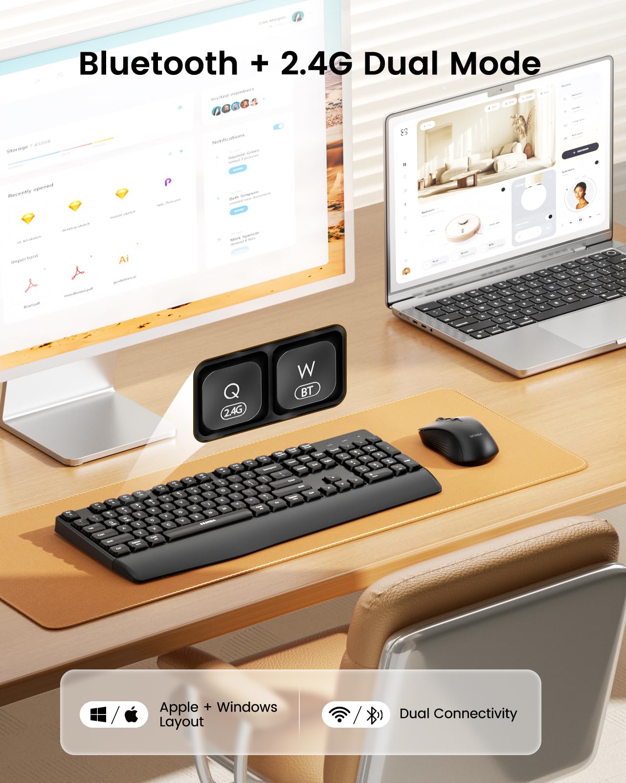 seenda Bluetooth Keyboard and Mouse, COE200 USB + Bluetooth Multi Device, Ergonomic Keyboard Mouse Set, Full-Size Wireless Combo Compatible for Mac OS/Windows PCs Computers Laptops MacBooks - Black