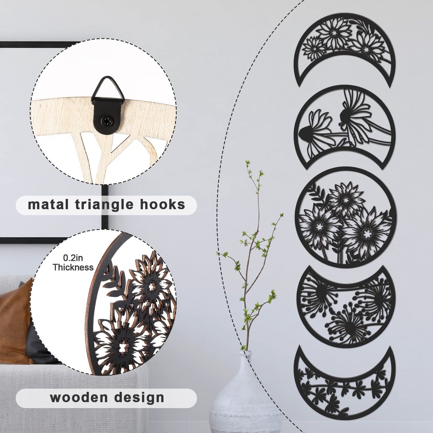 Jetec 5 Pcs Moon Phase Wall Hanging Decor Art Above Bed Boho Moon Phase Nordic Wood Wall Pediment Ornament for Living Room Bedroom Home Decoration Room Apartment Bar(Black)