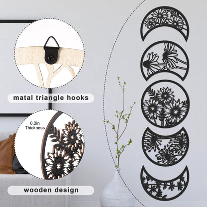 Jetec 5 Pcs Moon Phase Wall Hanging Decor Art Above Bed Boho Moon Phase Nordic Wood Wall Pediment Ornament for Living Room Bedroom Home Decoration Room Apartment Bar(Black)