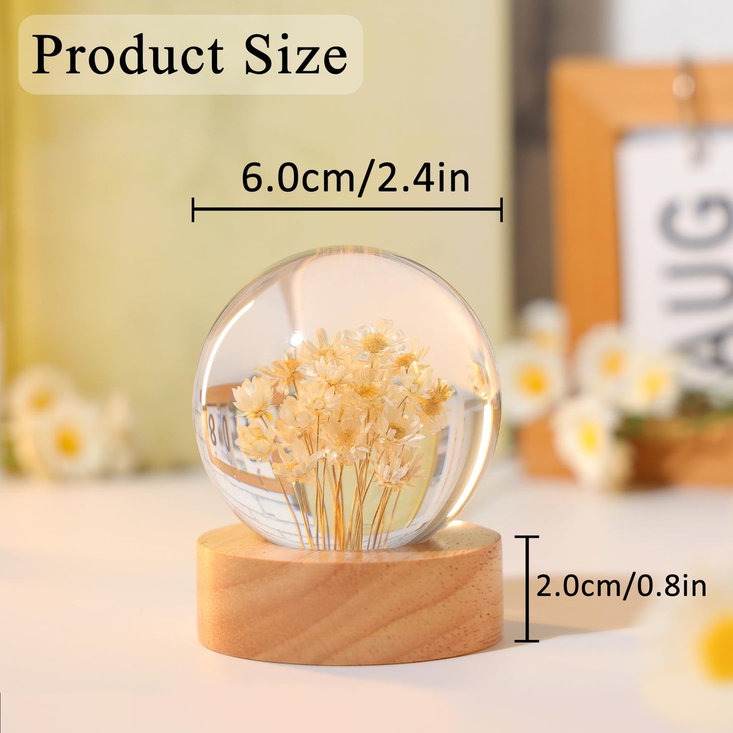 Daisy Decor Gifts,Daisy Flower Lamp Crystal Ball Night Light,2.4 Inch Glass Ball Lamp with LED Wooden Base,Soft Warm White Lighting for Women Best Friends Sister Birthday Xmas Aesthetic Gift(Yellow)