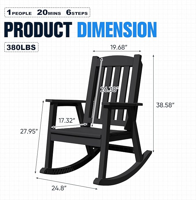 Devoko PP Material Rocking Chair Outdoor Indoor All Weather High Back Patio Rocker for Adult Heavy Duty Rocking Chair for Patio Backyard Porch Garden (Heavy Duty, Black)