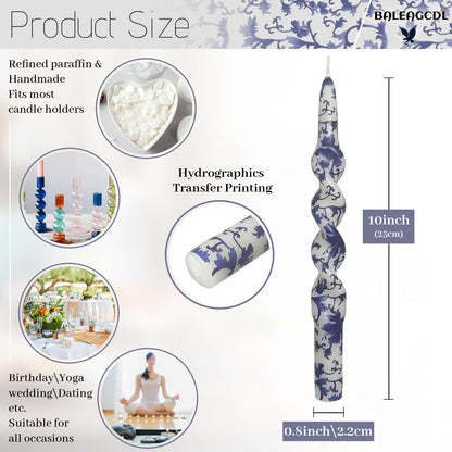 10 Inch Floral Print Taper Candle Blue and White Porcelain Spiral Candlesticks Handmade Twisted Tapered Candles for Holiday Wedding Holiday Party Decor- Set of 4