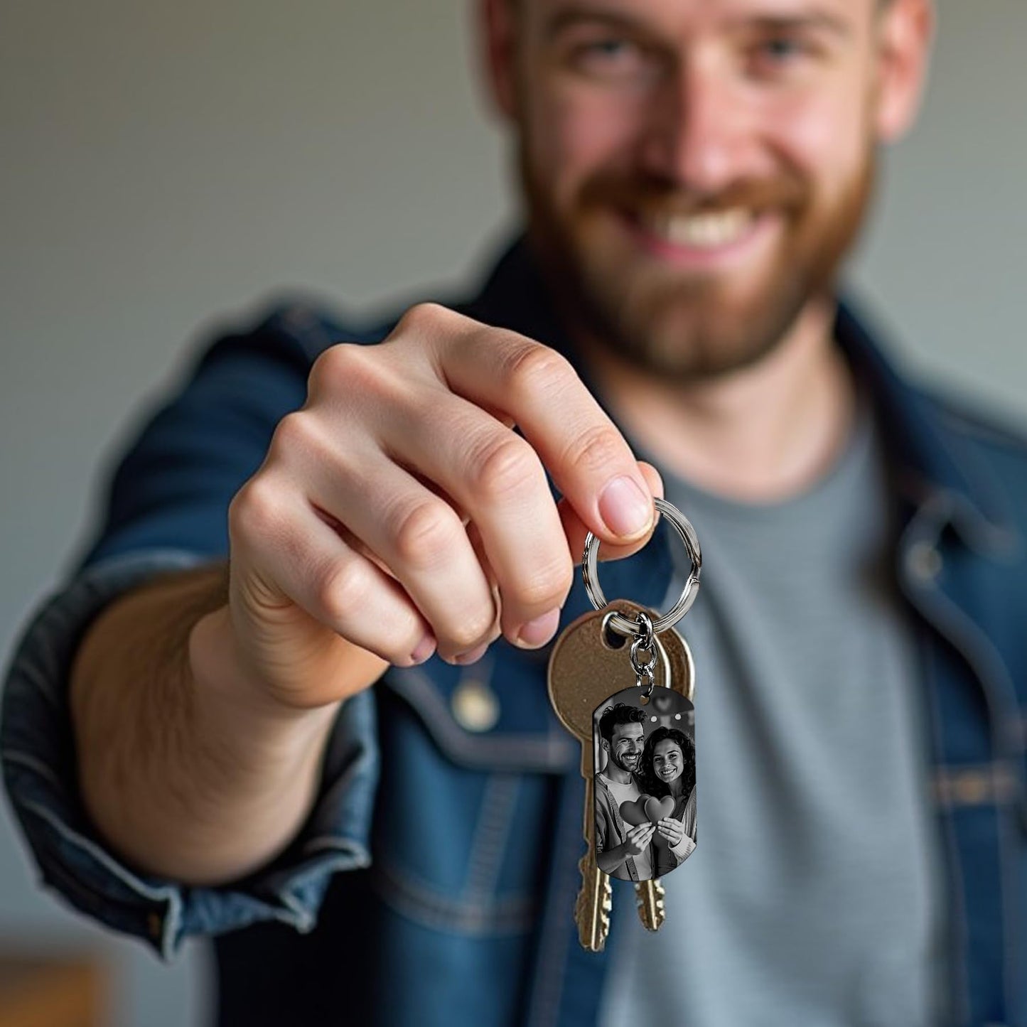 Queenberry Custom Keychain with Picture Date Personalized Photo Key chain Christmas Gift for Men Boyfriend Handmade - Blue