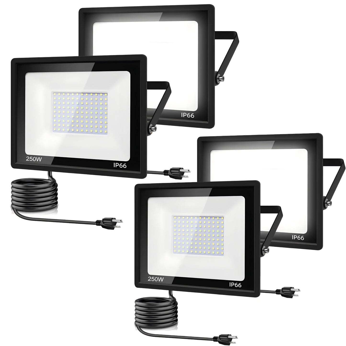 STARFISHHOME 4Pack 250W LED Flood Light Outdoor,25500LM LED Work Light with US Plug,6000K Daylight White,IP67 Waterproof Outdoor Floodlights for Yard,Garden,Playground