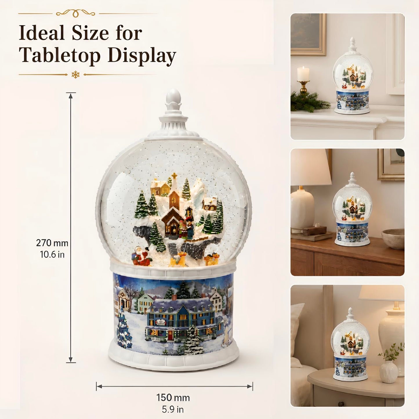 Large Lighted Snow Globe Lantern, 10.24" Winter Village Music Box with Moving Glitter & Rotating Carousel, USB & Battery Operated Night Light, 6H Timer, Snow Globe Gift for Women Mom Grandma Adults