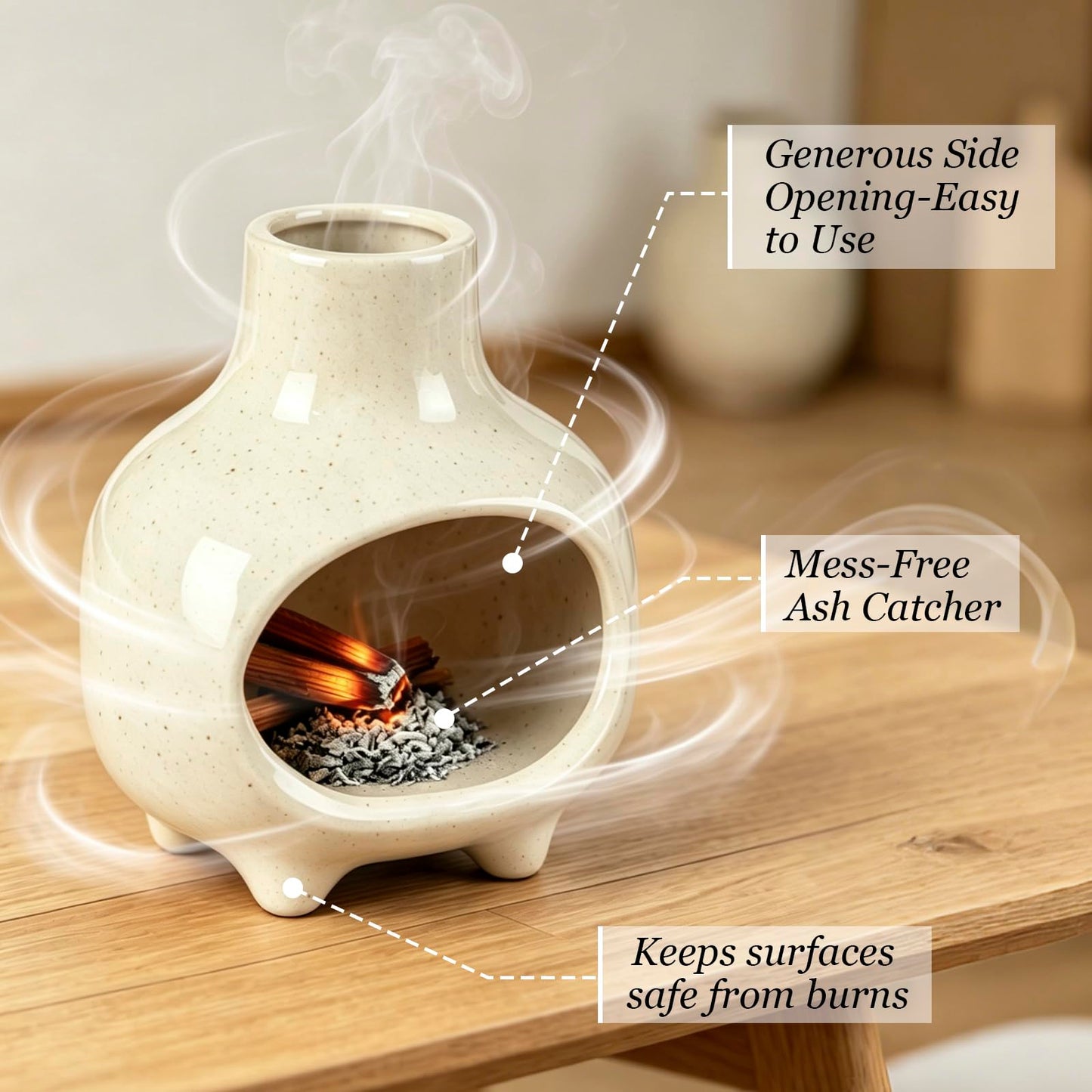 Ceramic Palo Santo Holder Burner with Chimney, Handcrafted Smudge Bowl Ash Catcher for Sage, Incense Cones & Candles, Palo Santo Sticks, for Home, Yoga, Meditation & Spiritual Ceremony (Beige)